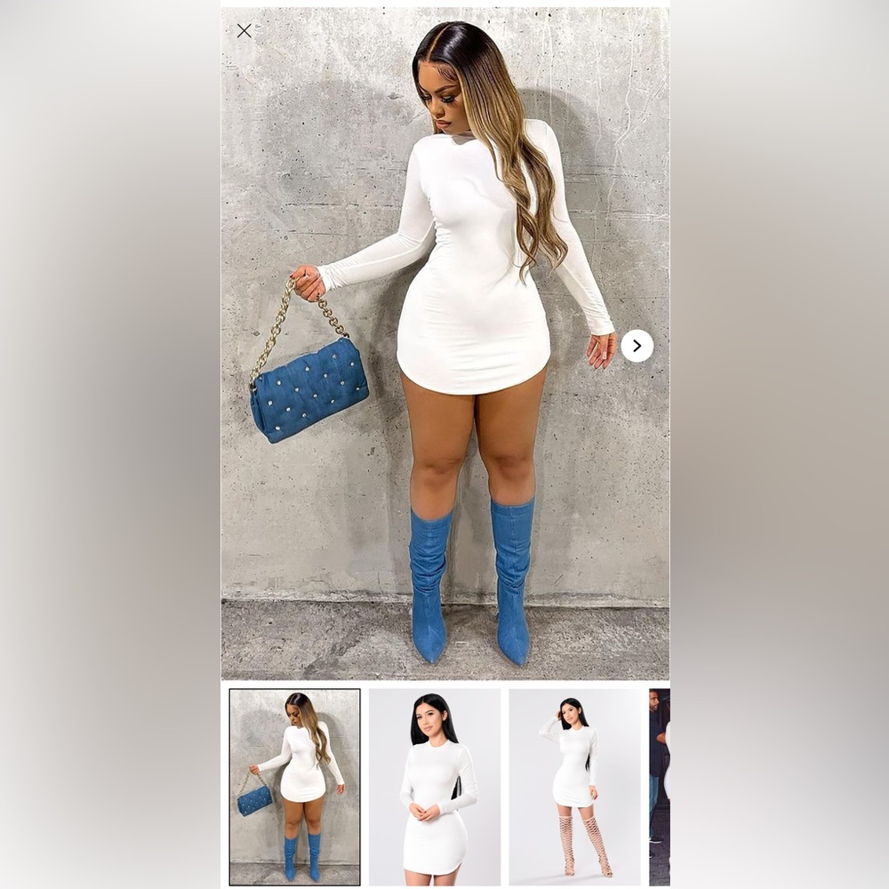 White Long Sleeve Mini Dress with Blue Accessories